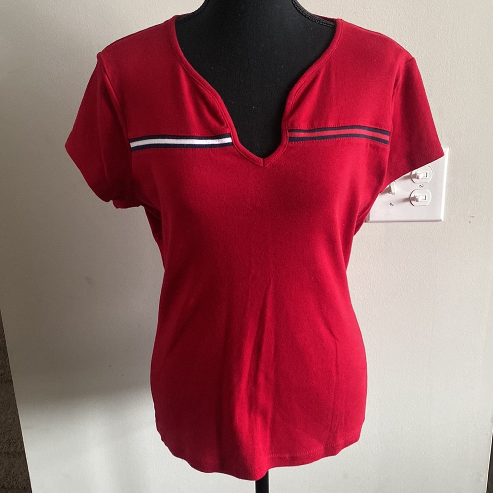 Classic Tommy Hilfiger Large Rare Vintage Red V-Neck Striped Shortsleeved Shirt